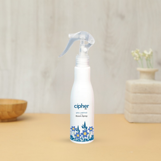 Room spray patchouli scent, 200ml bottle with a spicy, earthy, woody, and musky fragrance. Sprayable on linens, non-staining formula, and sustainable. Sale price Rs. 152.00.