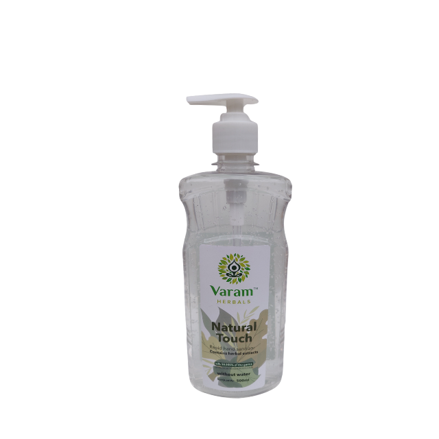AYUSH certified Varam Herbals Hand Sanitizer Gel 500ml with natural neem, moisturizing aloe, and refreshing lemon scent, eliminates 99.999% of germs with 70% ethyl alcohol. Non-sticky and gentle formula for daily use.