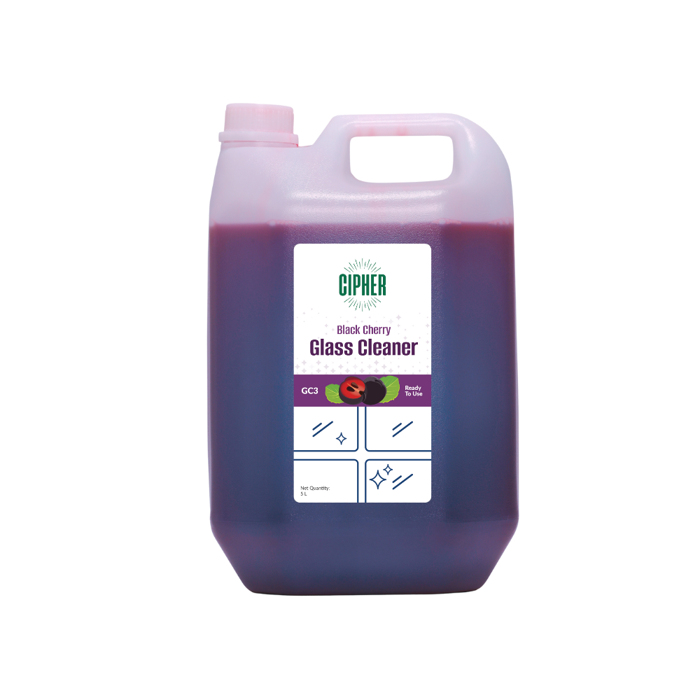Glass cleaner liquid 5 litre with black cherry scent for streak-free cleaning of windows and mirrors.