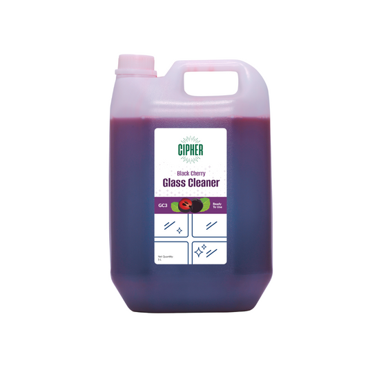 Glass cleaner liquid 5 litre with black cherry scent for streak-free cleaning of windows and mirrors.