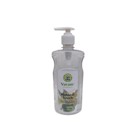 Buy Hand Sanitizer 500ml - Varam Herbals AYUSH certified sanitizer solution with natural neem, aloe, and lemon scent. Kills 99.999% of germs with 70% ethyl alcohol, gentle and non-sticky formula.