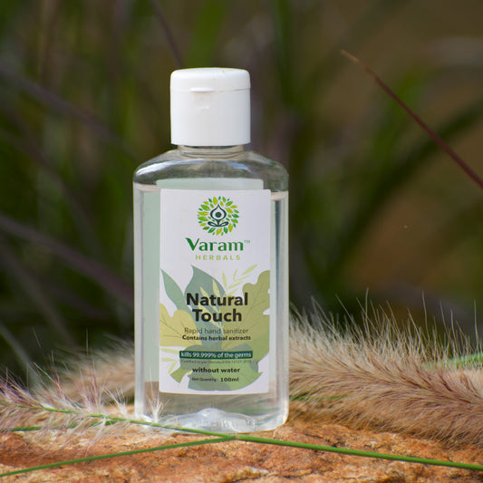 Hand Sanitizer Gel 100ml by Varam Herbals, featuring natural neem, aloe vera, and lemon scent. Certified to kill 99.999% of germs with 70% ethyl alcohol, this non-sticky hand sanitizer provides antimicrobial and moisturizing benefits.