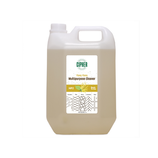 All purpose. Multipurpose cleaner in 5L bottle with Ylang Ylang scent, ideal for cleaning counters, tiles, stone, laminates, and glass surfaces. Safe and versatile for everyday use on non-porous surfaces.