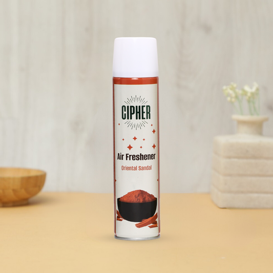 Cipher Air Freshener Oriental Sandal 230ml spray bottle. Experience the rich, exotic scent of sandalwood with sophisticated woody and creamy notes