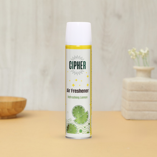 Shop Cipher - Air Freshener Refreshing Lemon 230ml bottle. The air freshener features a burst of lemony freshness, designed to bring brightness to spaces.